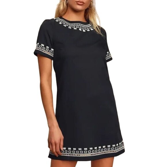 Lulus Black Short Sleeve‎ Embroidered Crew Neckline Mini Shift Dress Size S - Picture 1 of 11